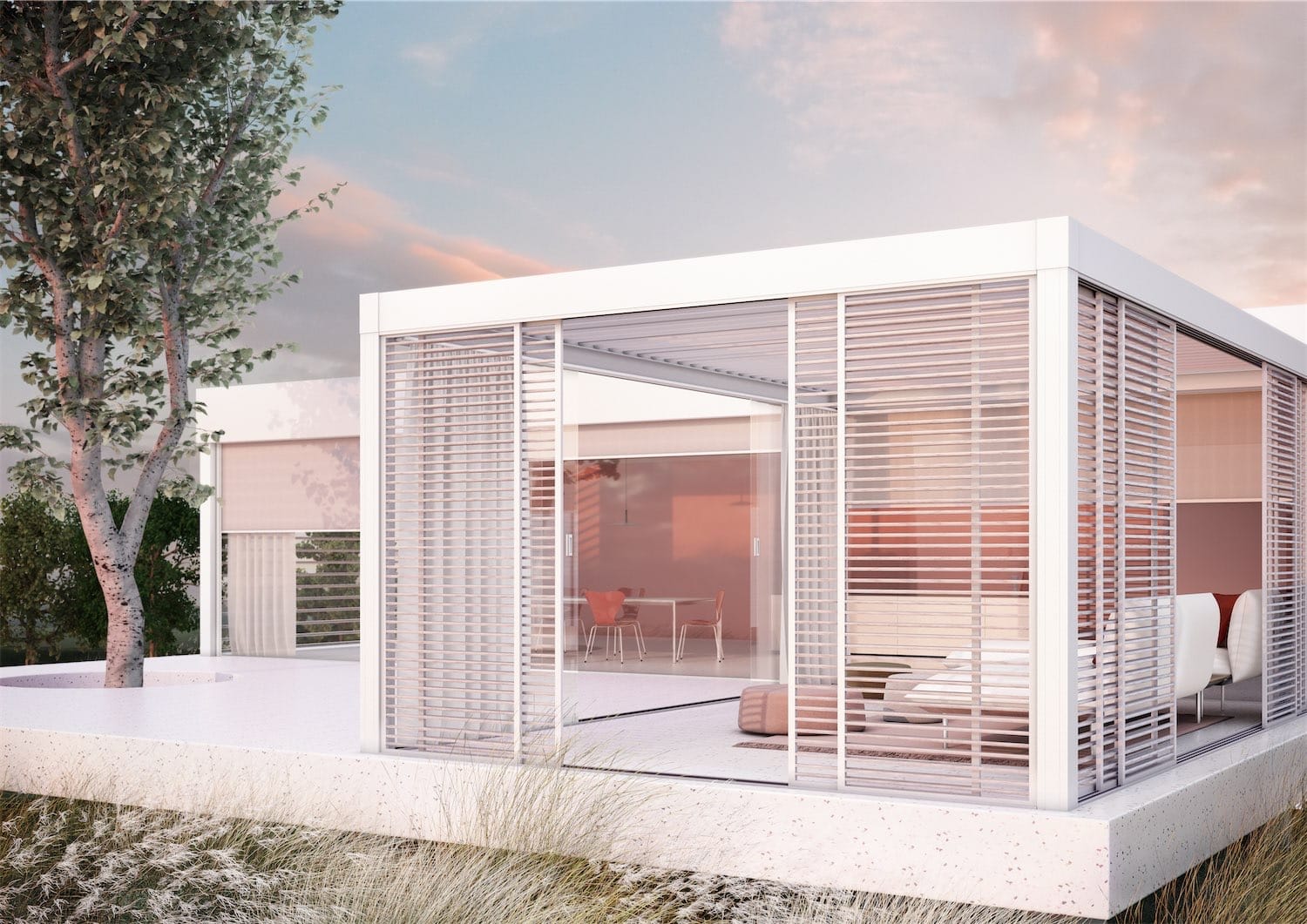 Overdækket terrasse med en Renson pergola med lameller i design style Tech Cocoon