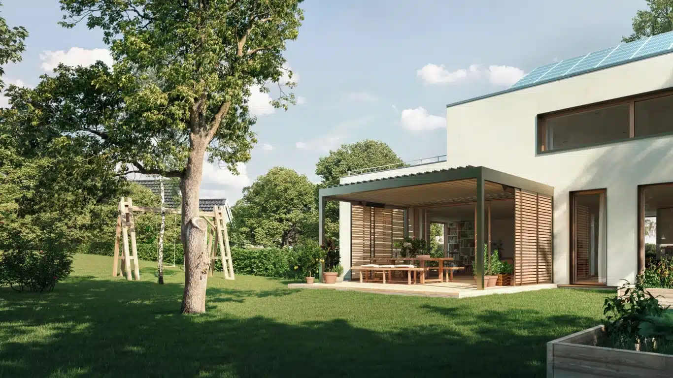 Lamaxa L50 på moderne hus Lamaxa L50 pergola med drejelige aluminiumslameller monteret ved hus