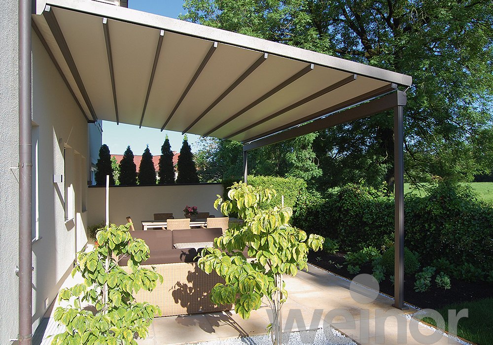 Pergola med tekstildug - tilstand 2 Weinor Pergotex med dugen helt rullet ud