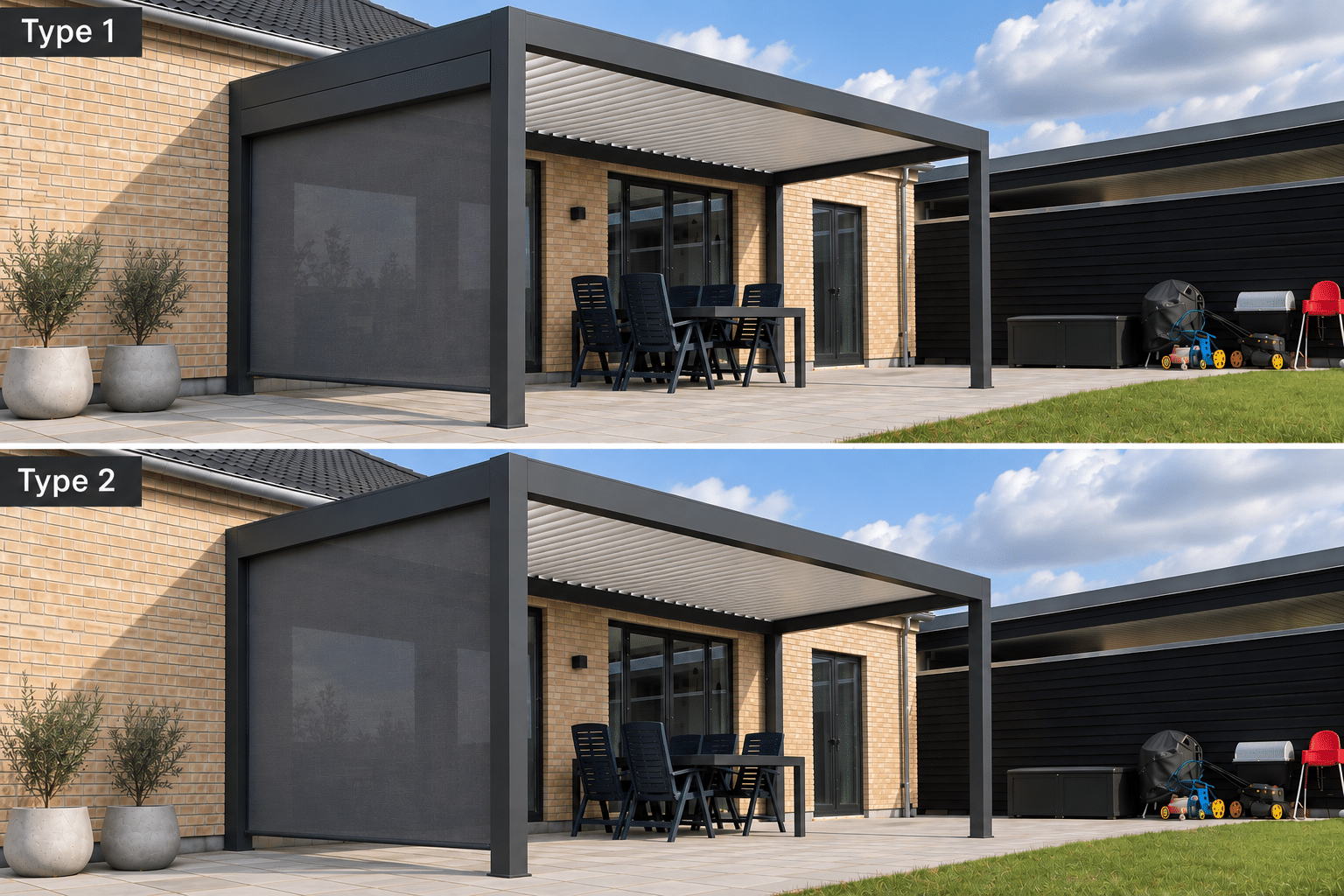 Type 1 pergola og Type 2 pergola Forskel på Type 1 og Type 2 pergola med screen