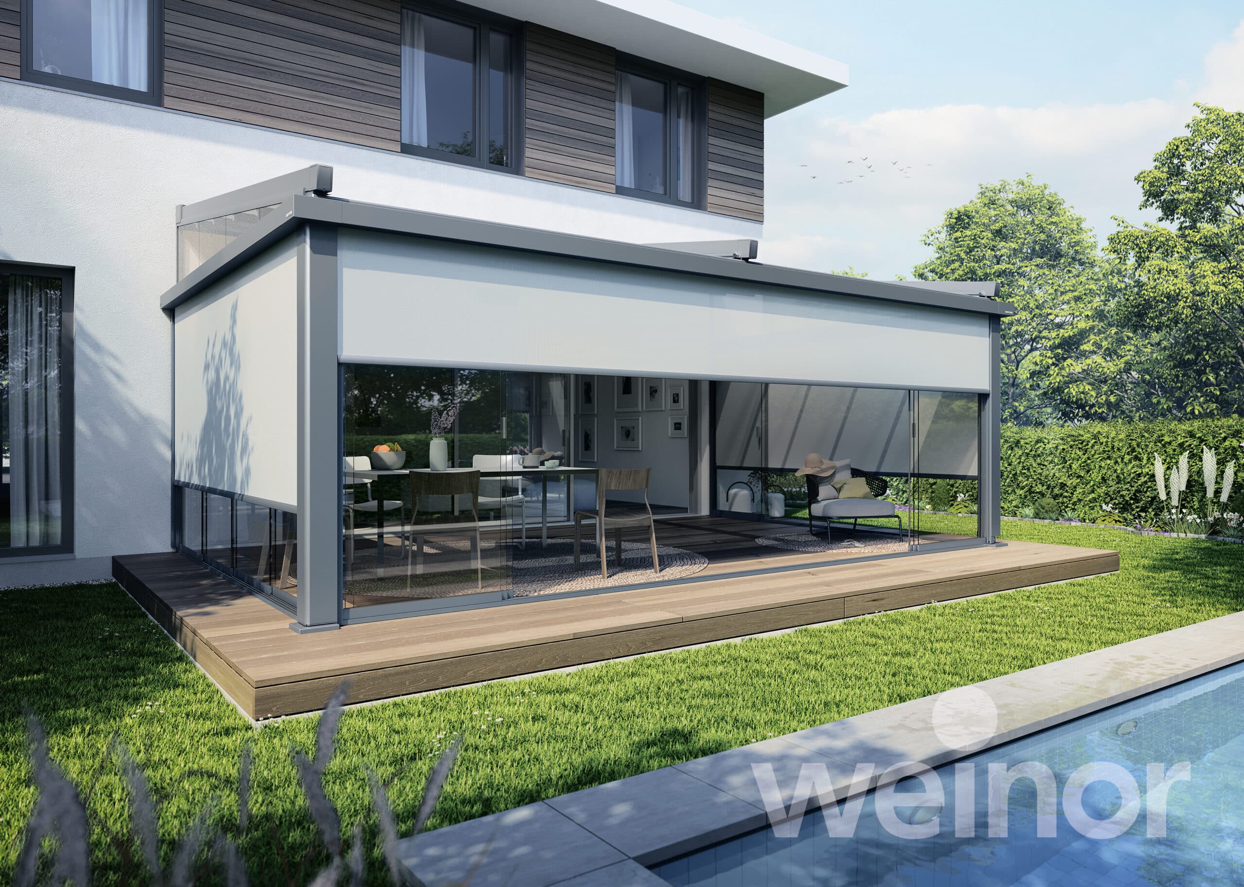 Weinor Pergotex II med skydeglas og zipcreens Screens og skydeglas i en Weinor Pergotex II
