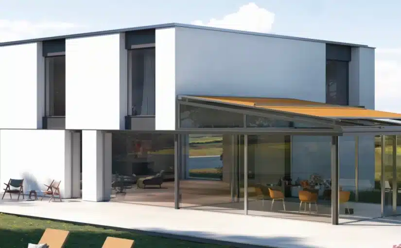 WAREMA Climara W20 med gul markisedug over glastaget på en udestue ved et moderne hus