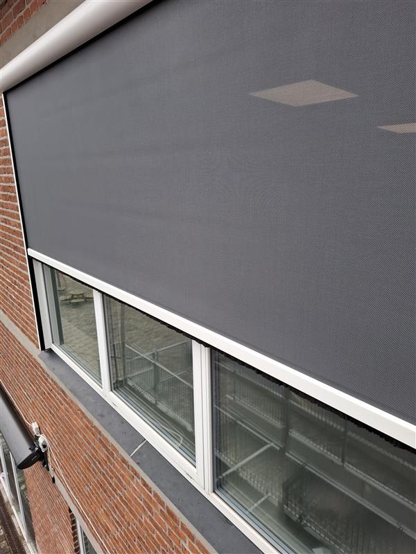 WAREMA EasyZip med grå screendug foran vindue på Augustenborg Skole i Sønderborg-området