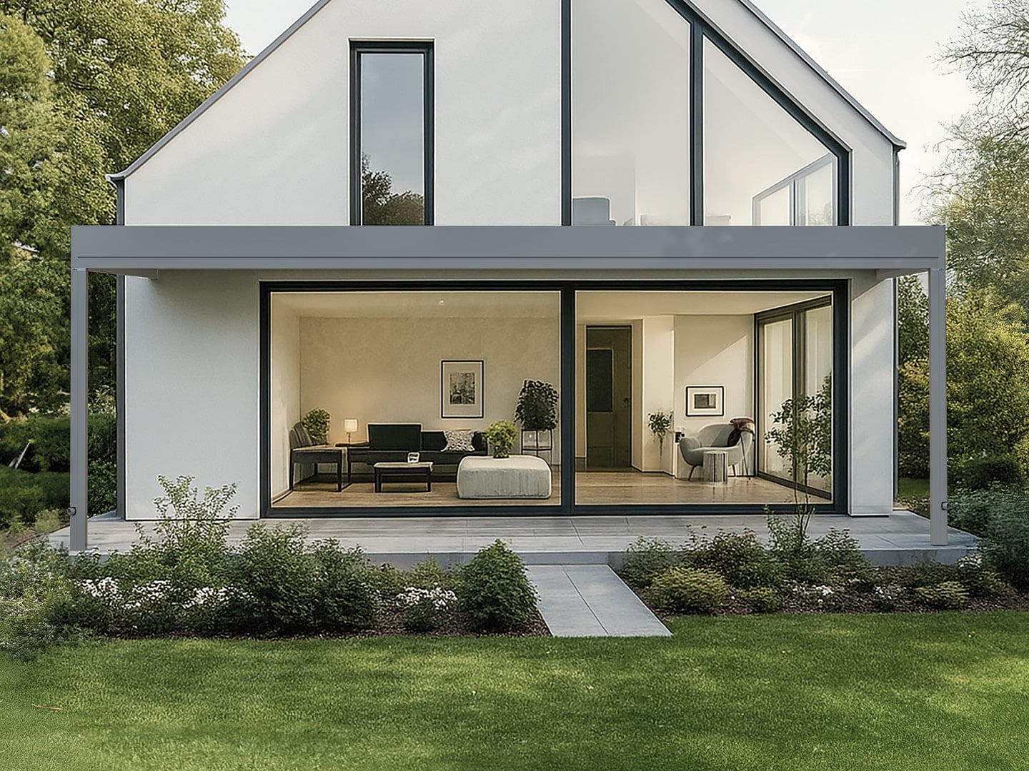 Weinor Terrazza Pure MAX med to frontstolper og frit udsyn foran et hvidt hus med store gavlvinduer