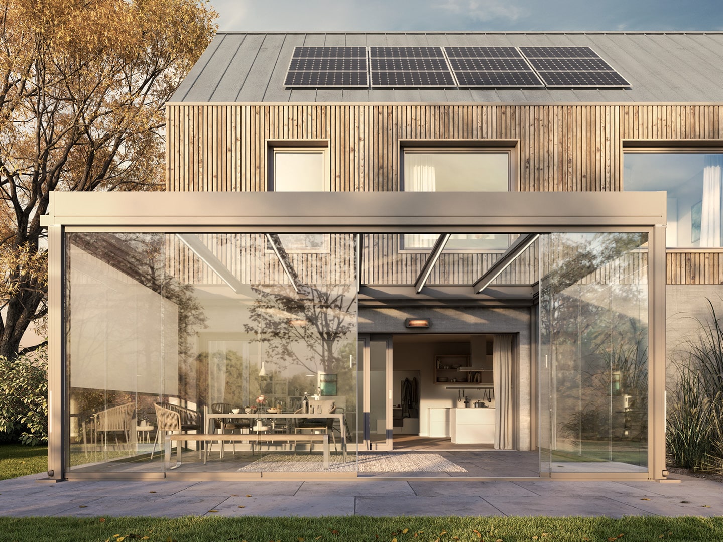 Weinor Terrazza Pure MAX med glastag og delvist åbne skydeglas ved et træbeklædt hus