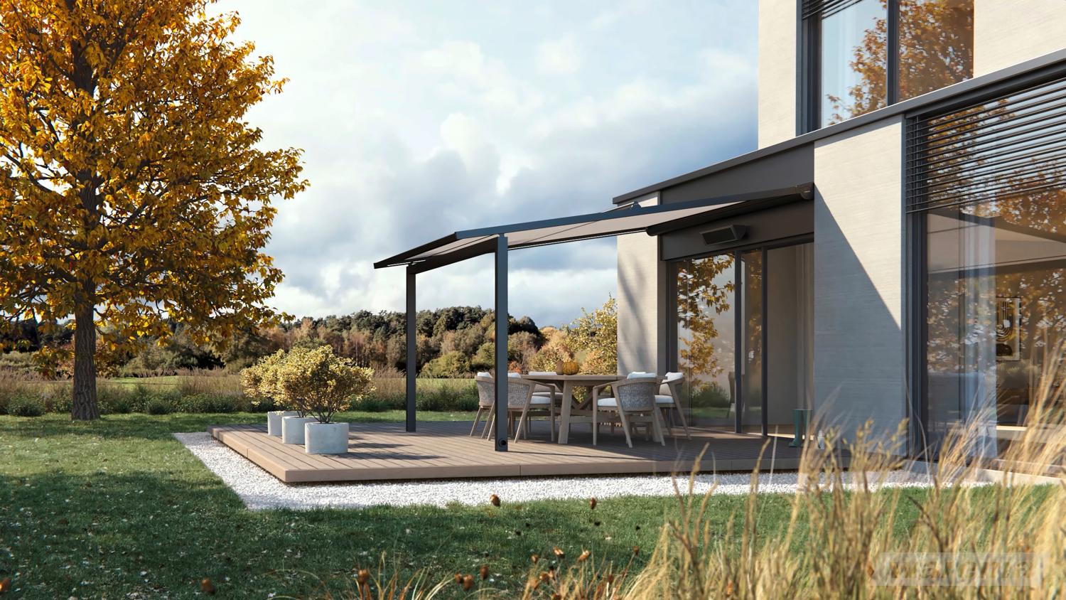 WAREMA Perea P60 med lys dug over terrassen ved et moderne hus
